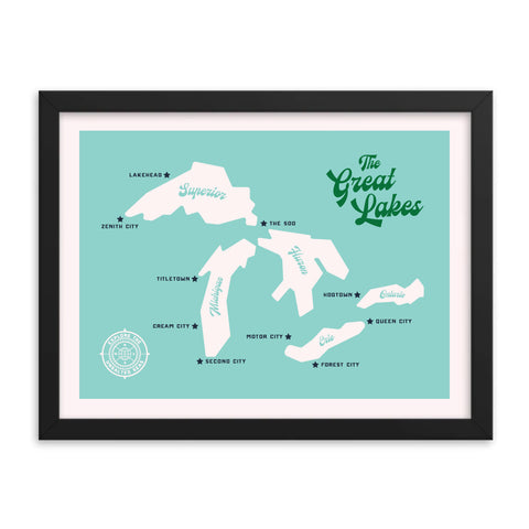 The Great Lakes 16x12" Framed Map (Teal)