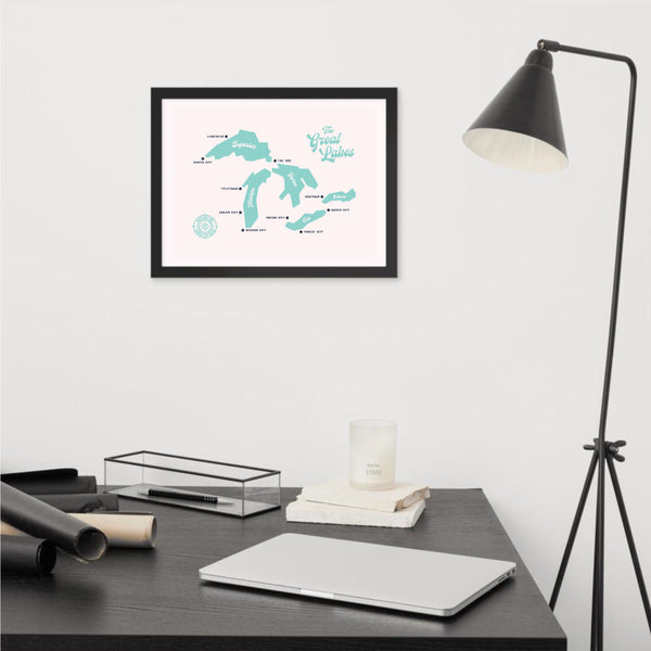 The Great Lakes 16x12" Framed Map (White)